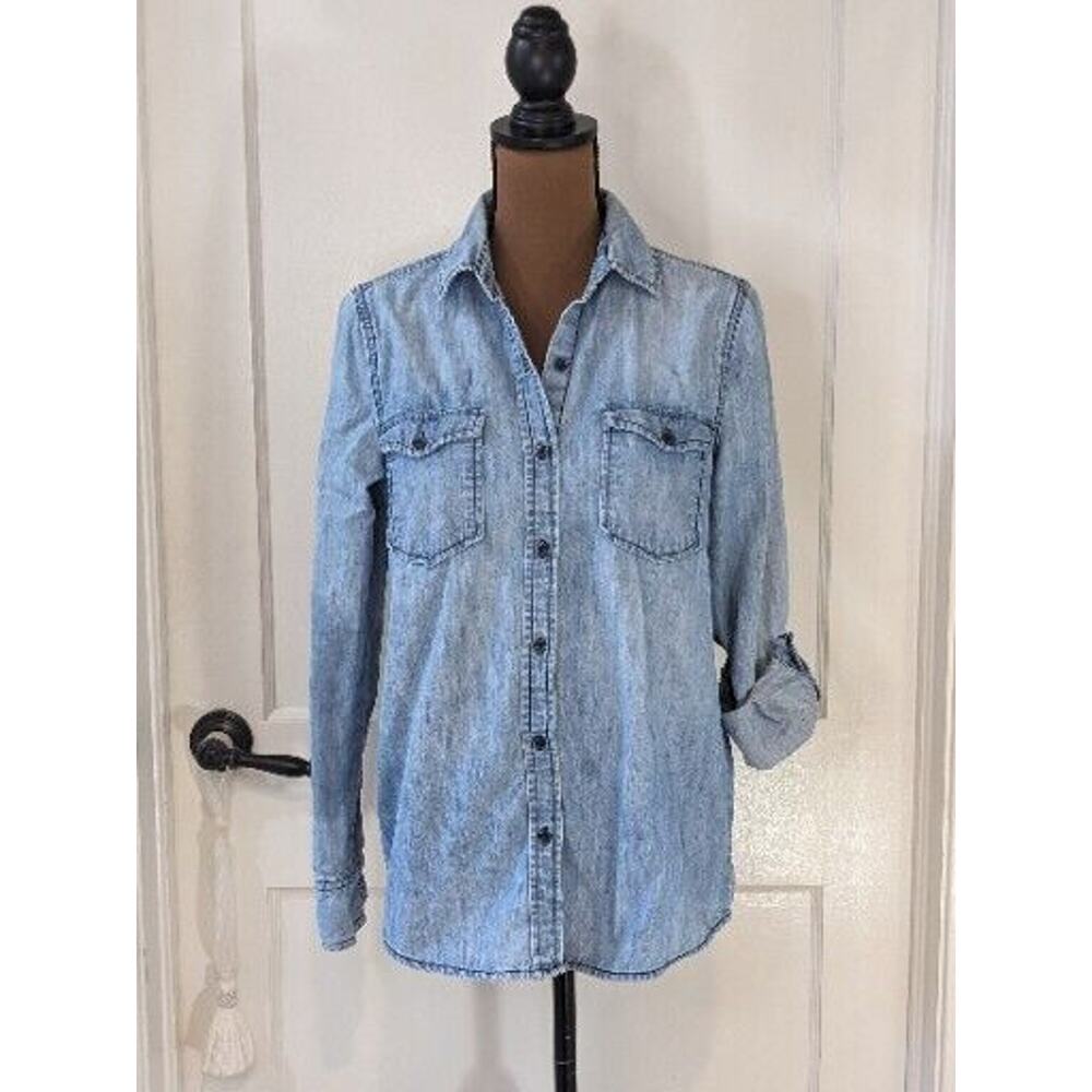 Chambray Shirt Small Blue Button Up Roll Tab Sleeves Coastal Cowgirl Hippie Boho